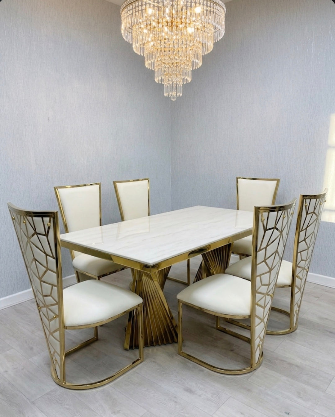 Rocco Marble Cream & Gold Dining Table Set with Rose Black & Gold Dining Chairs – Luxury Marble Dining Set (160cm & 180cm )