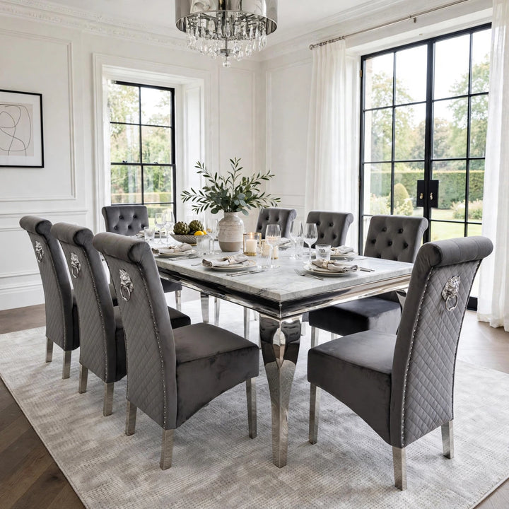 Louise Light Grey Marble Dining Table with Dark Grey Velvet Chairs – 4, 6 & 8 Seater