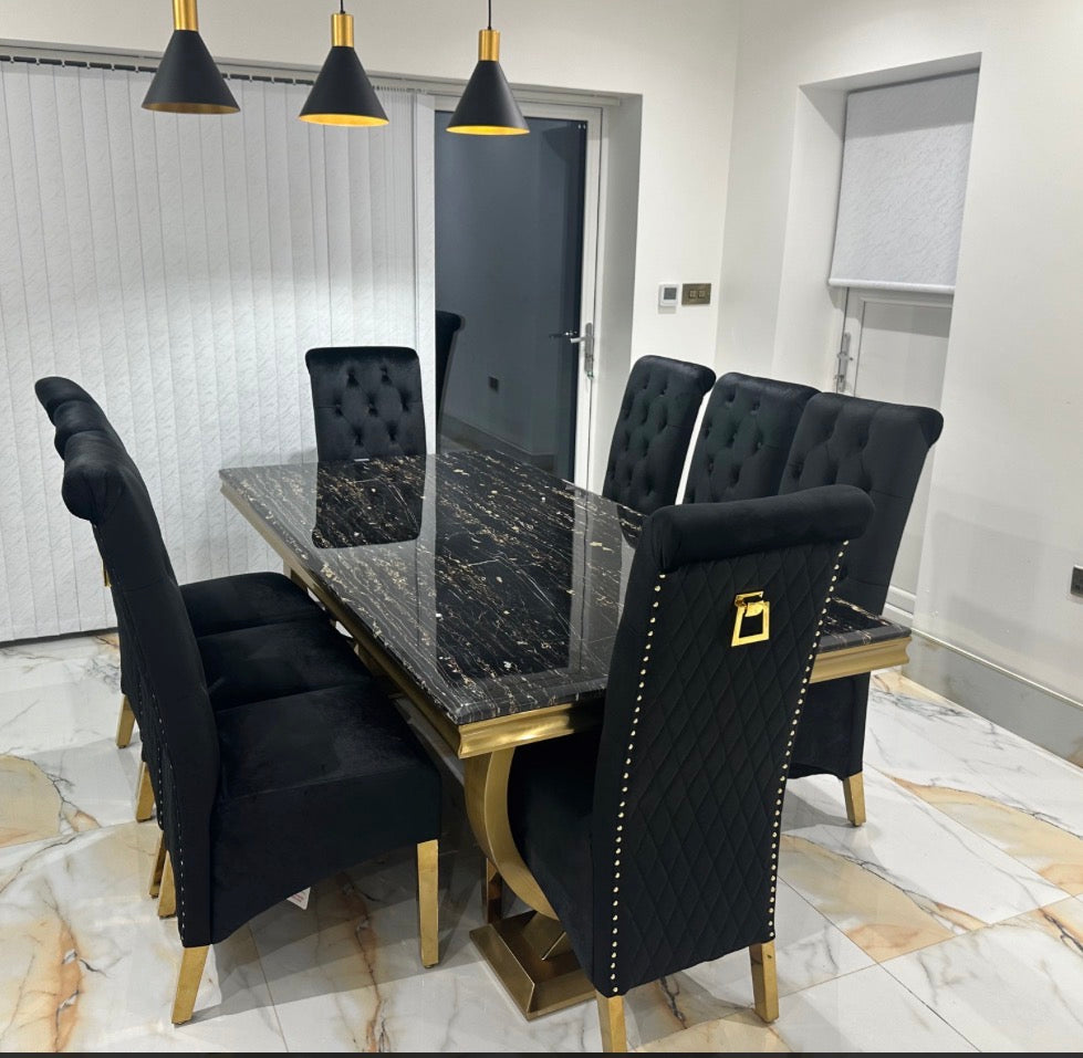 Arianna Gold Marble Dining Table + Sofia Black and Gold Dining chairs