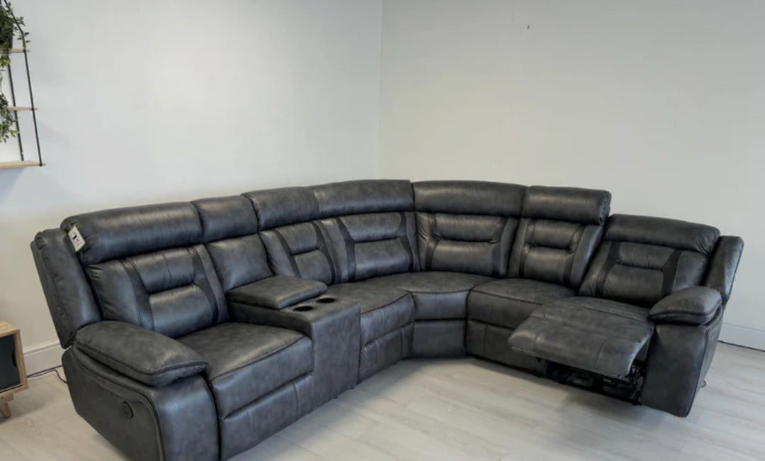 ELECTRIC RECLINER SOFA CORNER - Tech Fabric Sofa GREY WITH BLACK TRIM & Comes With Additional seat & console