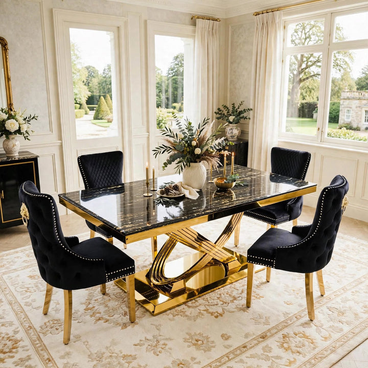 Rose Black & Gold Marble Dining Table with Victoria Black And Gold Velvet Dining Chairs | 160cm or 180cm