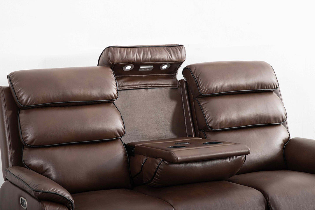 3 Seater & 2 Seater Brown Leather Electric Recliner Sofa Set with Cup Holders, LED Lights, Wireless Charger & USB Port