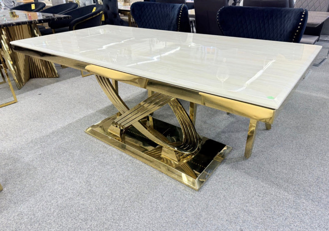 Rose Black and Gold Marble Dining Table + Santorini Black And Gold Dining Chairs