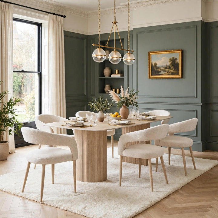 160cm Olympia Beige Ceramic Marble Dining Table with Beige Velvet Chairs – 4 Seater & 6 Seater