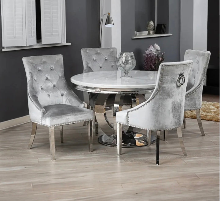 1.3M Chealse Round Marble Dining Set With Jessica Chairs Ring Knocker