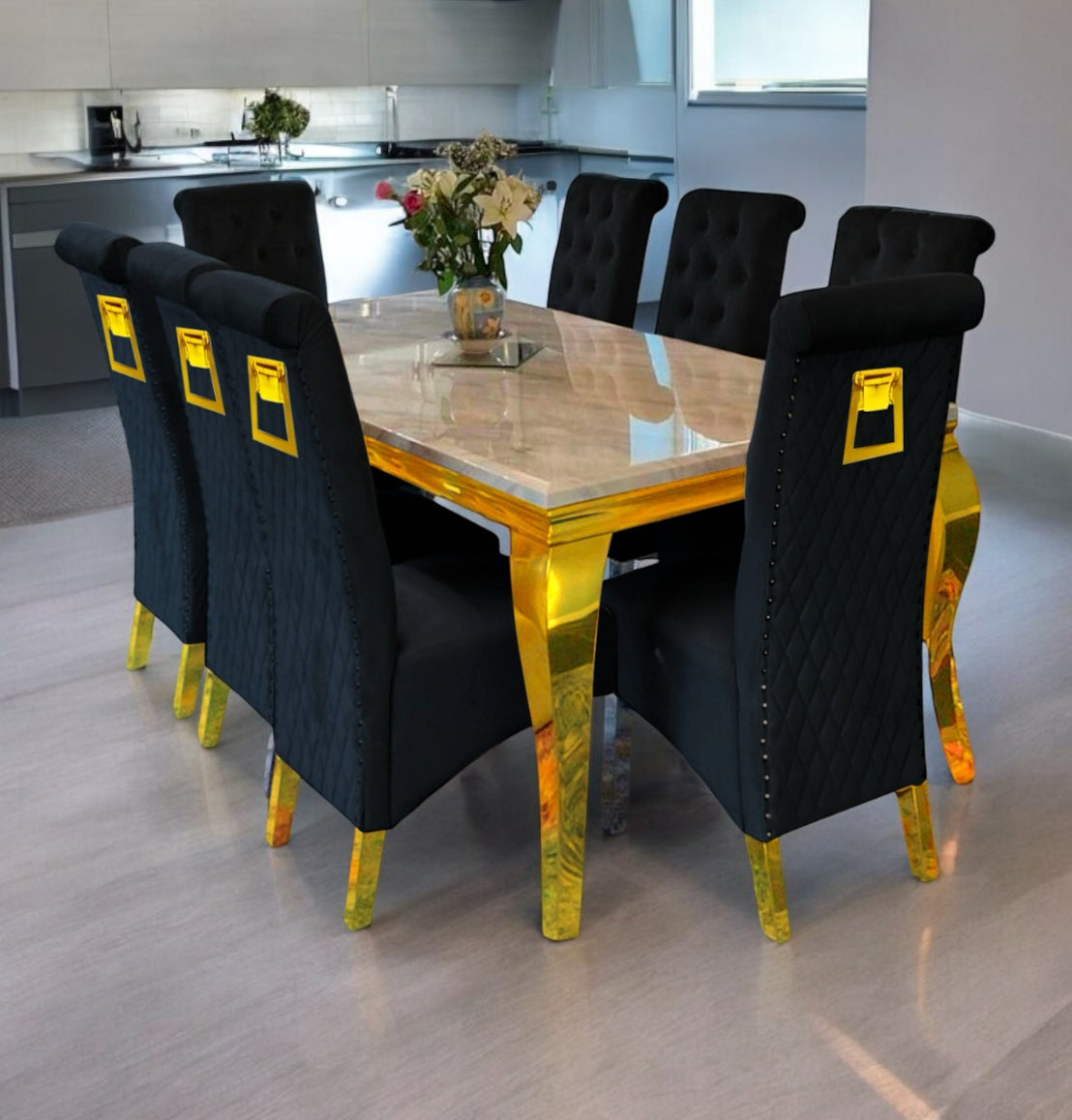 Louis Black And Gold Marble Dining Table + Sofia Black And Gold Dining Chairs