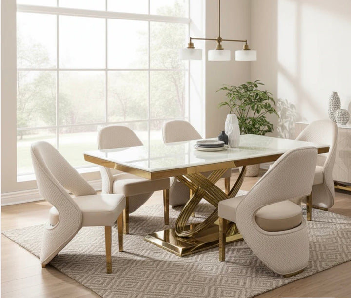 Rose Cream Gold Marble Dining Table with Santorini Cream Gold Dining Chairs