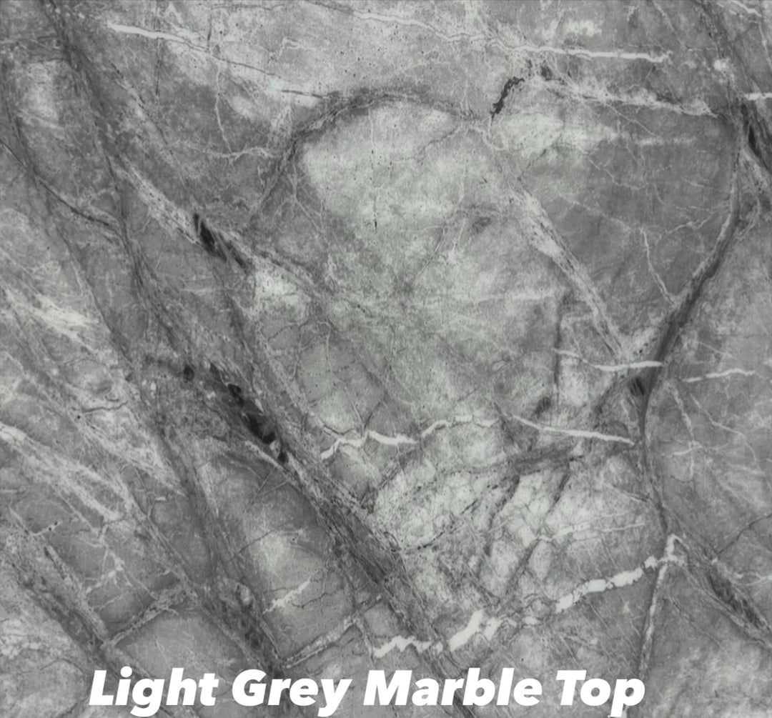1.1M & 1.3M Round Grey Marble Dining Table + Sofia Grey Pu leather Lion knocker Chairs