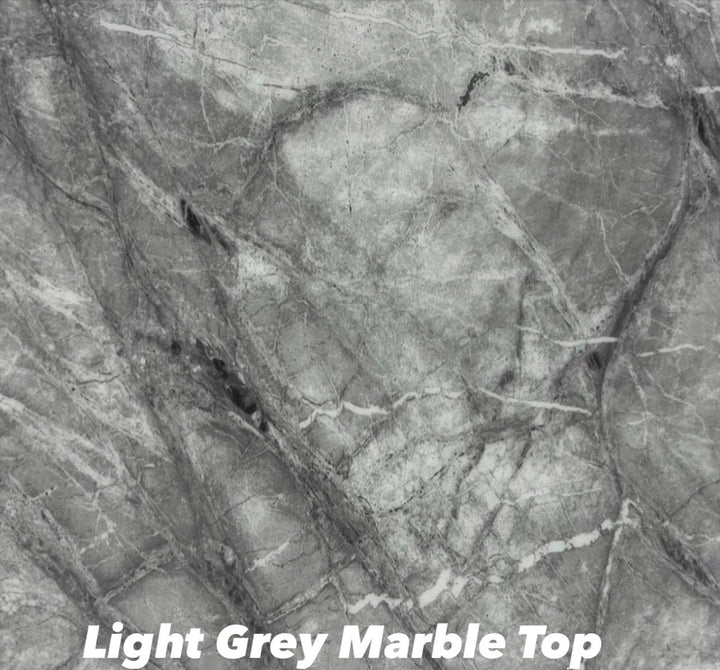 1.1M & 1.3M Round Grey Marble Dining Table + Sofia Grey Pu leather Lion knocker Chairs