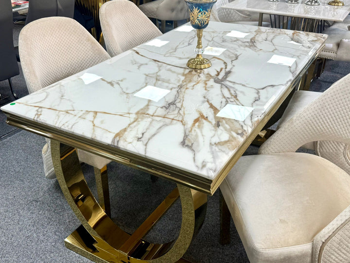 Arianna 160cm Gold Marble Dining Set With Santorini Cream And Gold Dining Chairs
