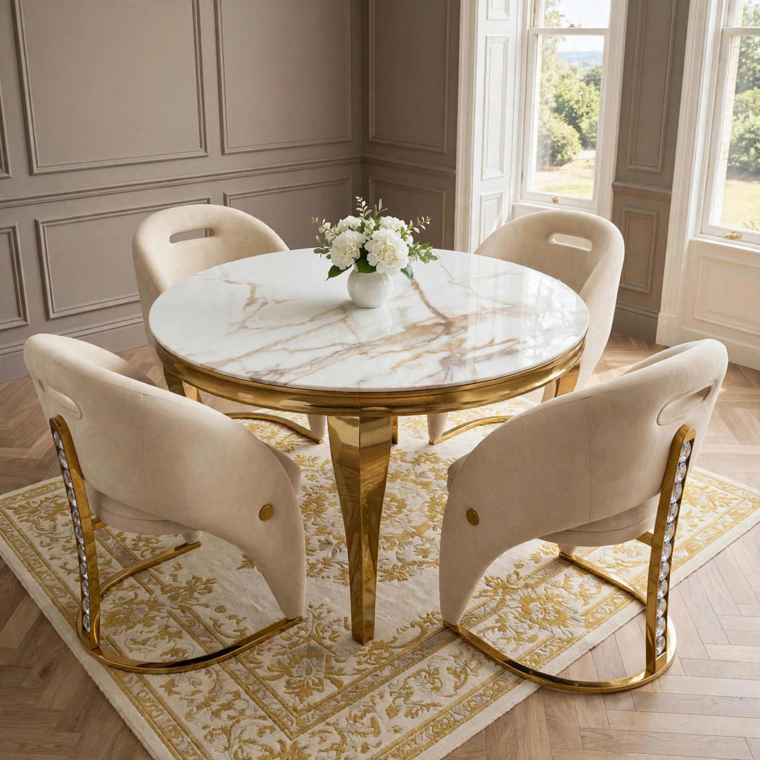 110cm White & Gold Marble Dining Table with 4 Crystal Velvet Chairs – Round 4 Seater