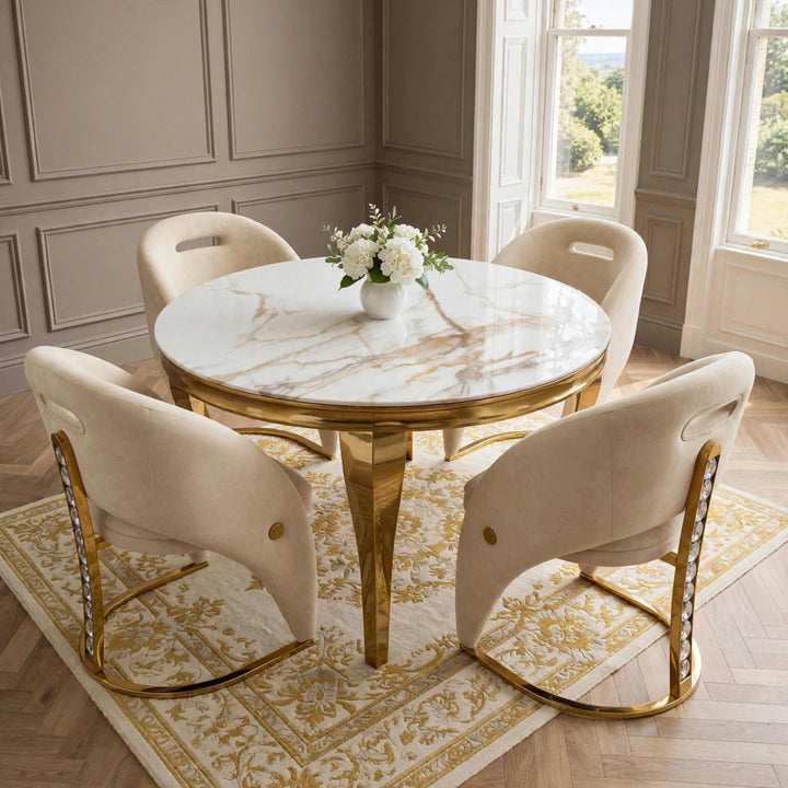 110cm White & Gold Marble Dining Table with 4 Crystal Velvet Chairs – Round 4 Seater