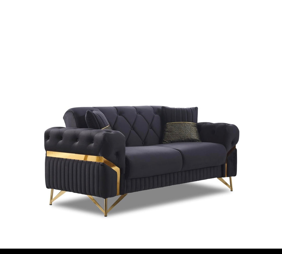 Marbela Black & Gold Turkish Sofa Bed Set – 3 Seater Sofa Bed & 2 Seater – Luxury Fabric Sofa UK