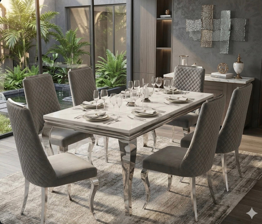 Louise Grey Marble Dining Table with Dark Grey Ruby Dining Chairs – Modern Marble Dining Set for 4–6-8, Luxury UK Dining Furniture