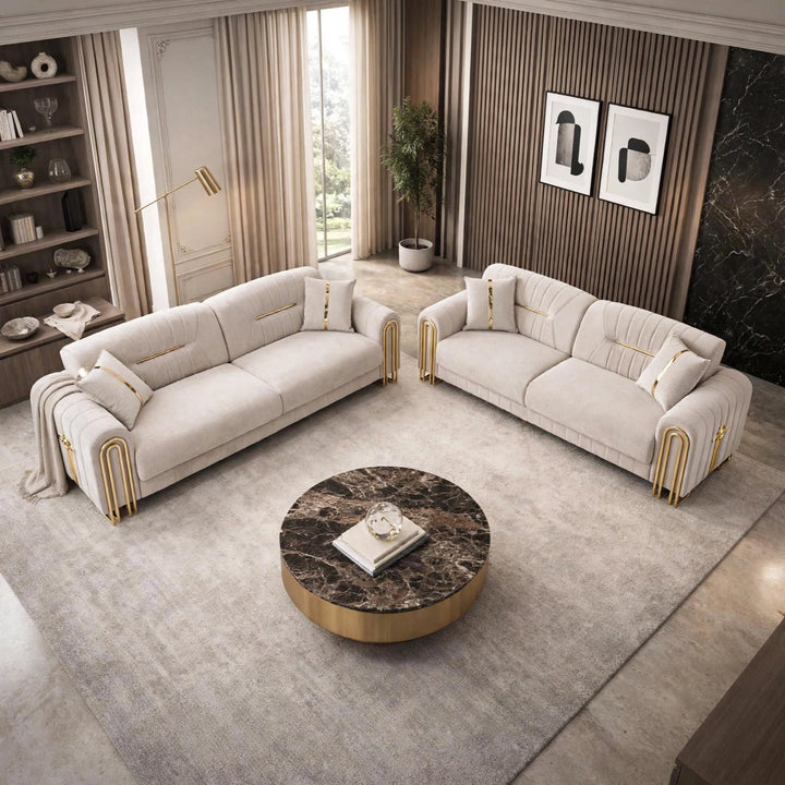 Mona Turkish Cream Sofa Set with Gold Trim – 3 Seater, 2 Seater | Luxury Living Room Furniture UK