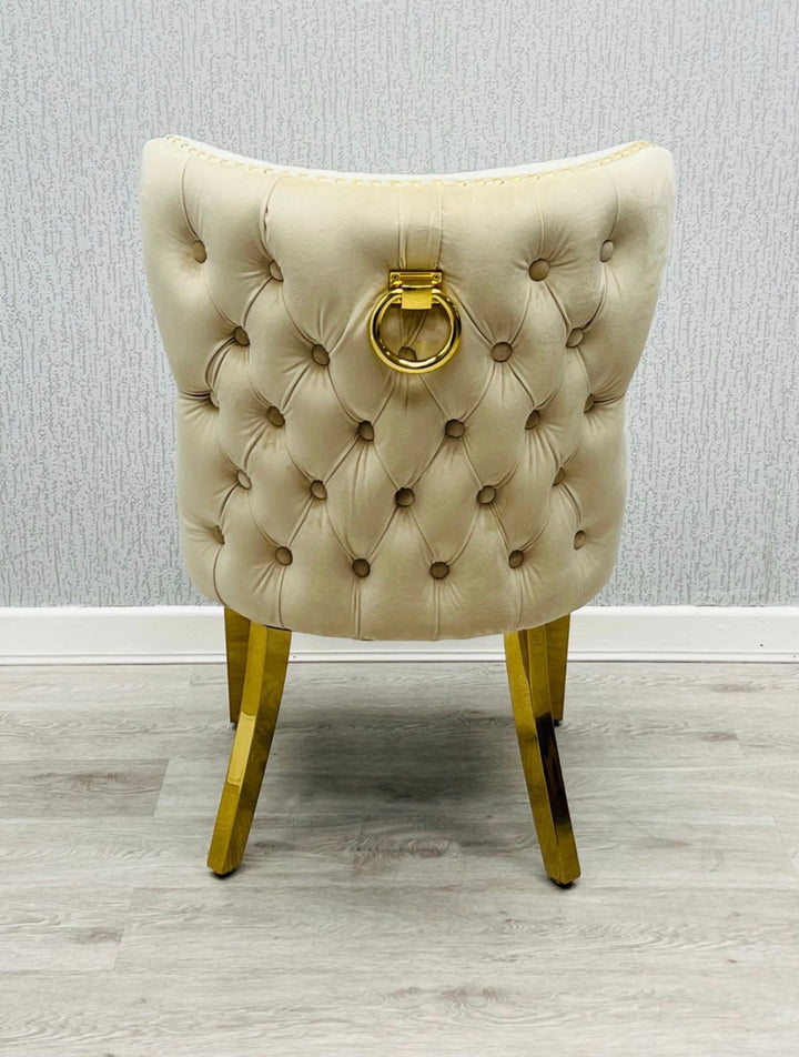Rose Cream & Gold Marble Dining Table Set with Valentino Mink & Gold Dining Chairs – Luxury Modern Dining Furniture