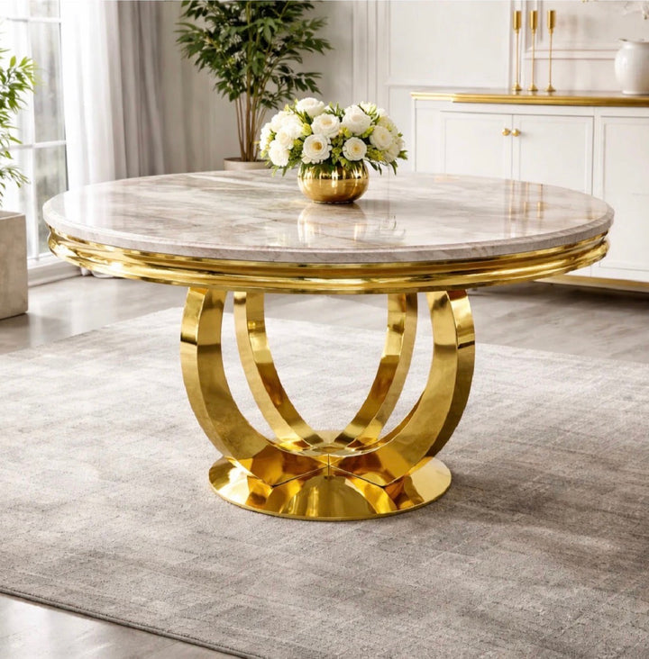 130cm Round Gold Dining Table with 6 Valentino Mink and Gold Lion Knocker Chairs – Luxury Dining Set