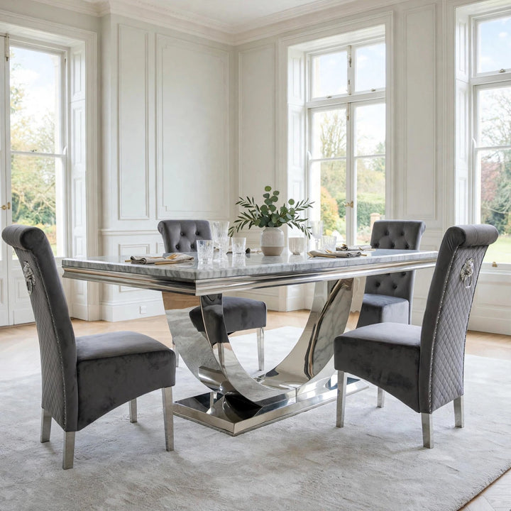 London Light Grey Marble Dining Table with Sofia Dark Grey Lion Knocker Velvet Chairs