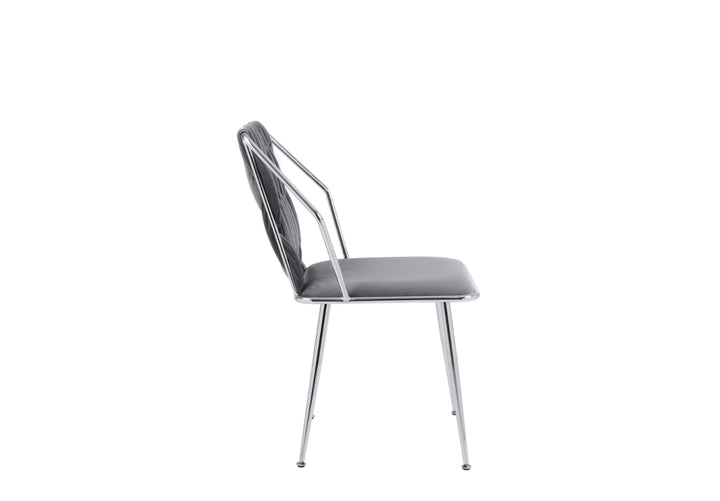 A grey fabric dining chair with a metal frame and armrests.