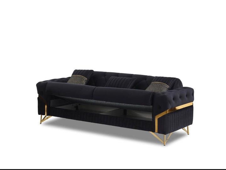Marbela Black & Gold Turkish Sofa Bed Set – 3 Seater Sofa Bed & 2 Seater – Luxury Fabric Sofa UK