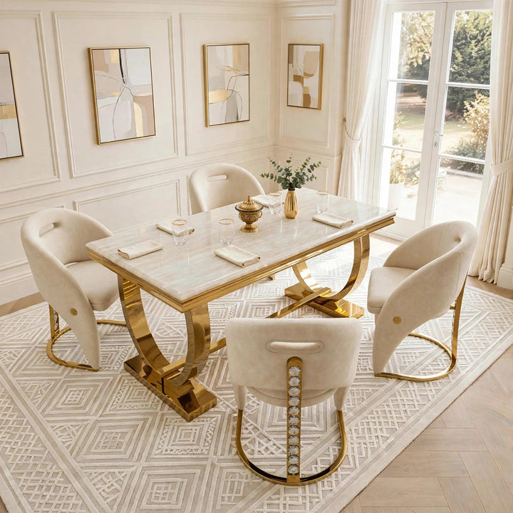 Arriana Cream & Gold Marble Dining Table with Rome Cream & Gold Crystal Velvet Chairs