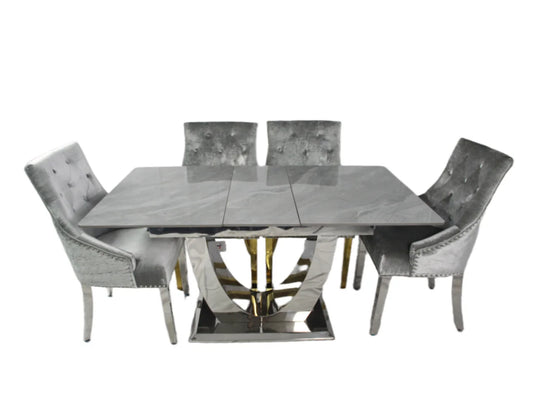 London Extending Grey Marble Dining Table 1.2M-1.5M And 1.6M-2M + Majestic Lion knocker Dining chairs