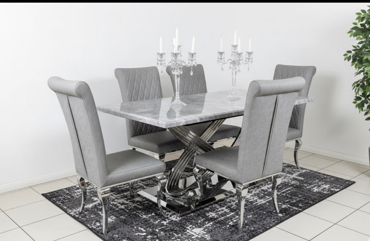 Rose 160cm Grey Marble Dining Table + London Leather Light Grey Dining Chairs