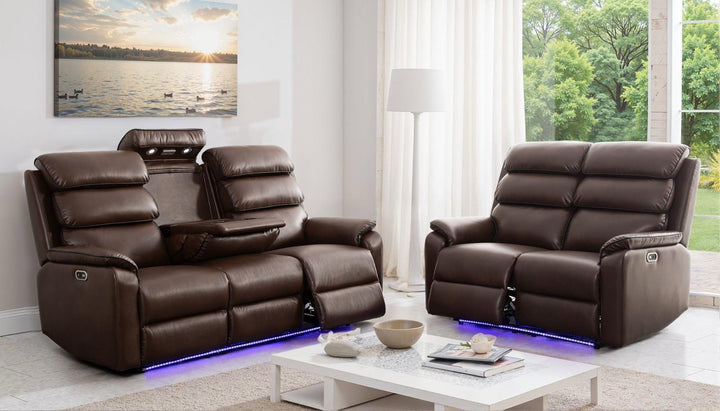 3 Seater & 2 Seater Brown Leather Electric Recliner Sofa Set with Cup Holders, LED Lights, Wireless Charger & USB Port