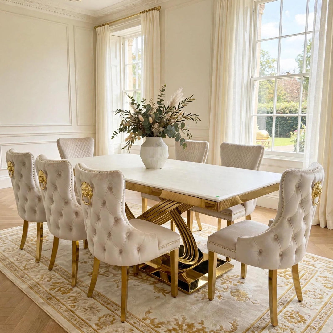 Rose Gold Cream Marble Dining Table With Victoria Cream And Gold Dining Chairs