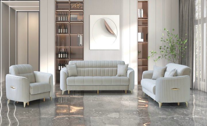 Kay Perra Turkish Cream Sofa Bed Set with Gold Trim – 3 Seater, 2 Seater & 1 Seater with Storage | Luxury Living Room Furniture UK