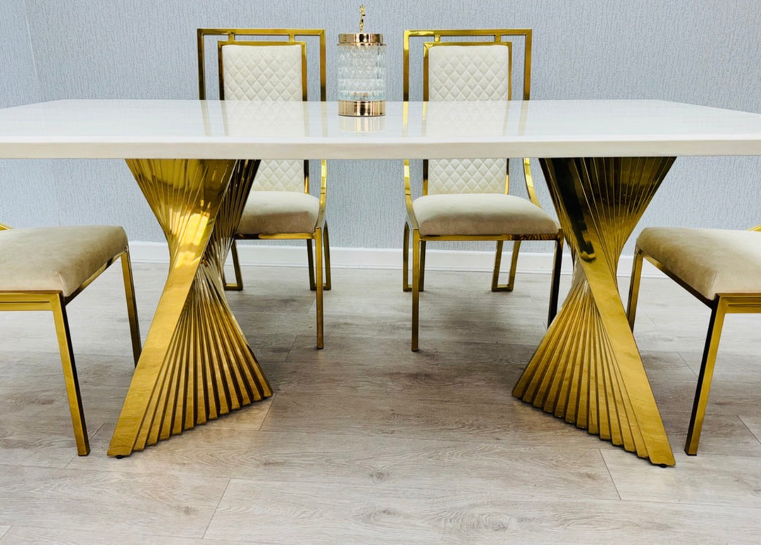Rocco 180cm Cream And Gold Dining Table + Windsor Cream And Gold Dining Chairs