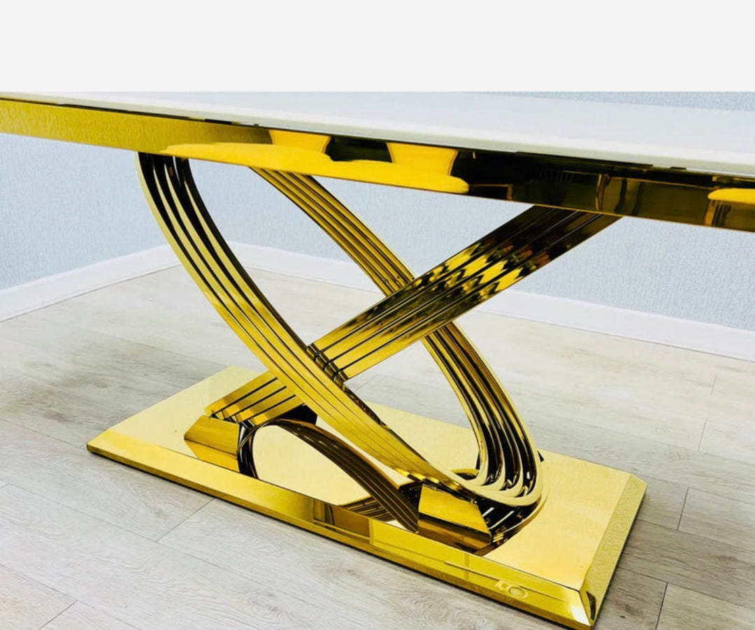 Rose Cream Gold Marble Dining Table with Santorini Cream Gold Dining Chairs