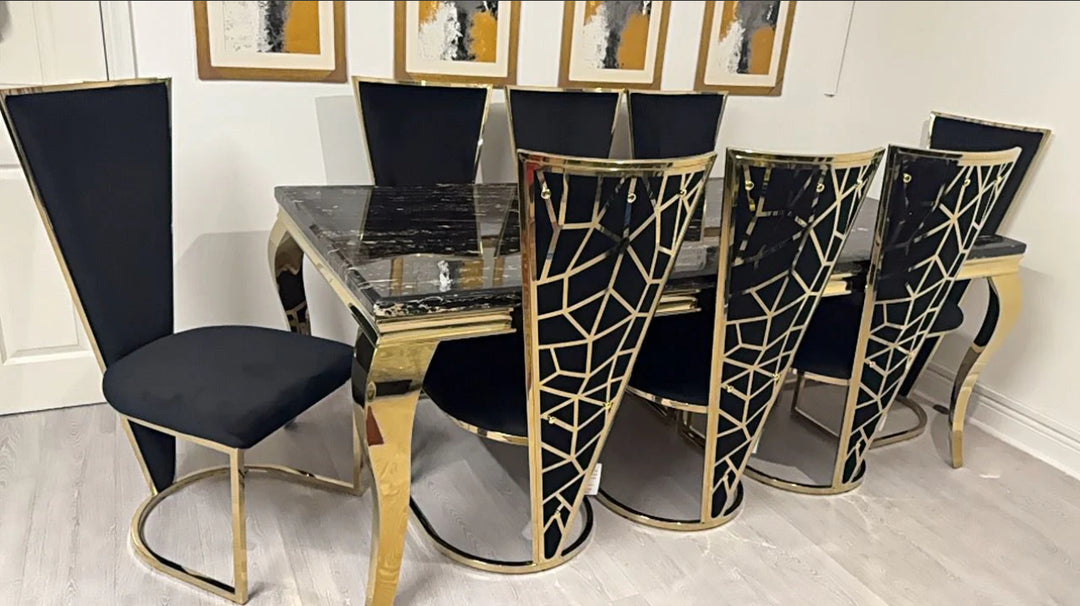 Louis Black And Gold Dining Table + Rose Black And Gold Dining Chairs