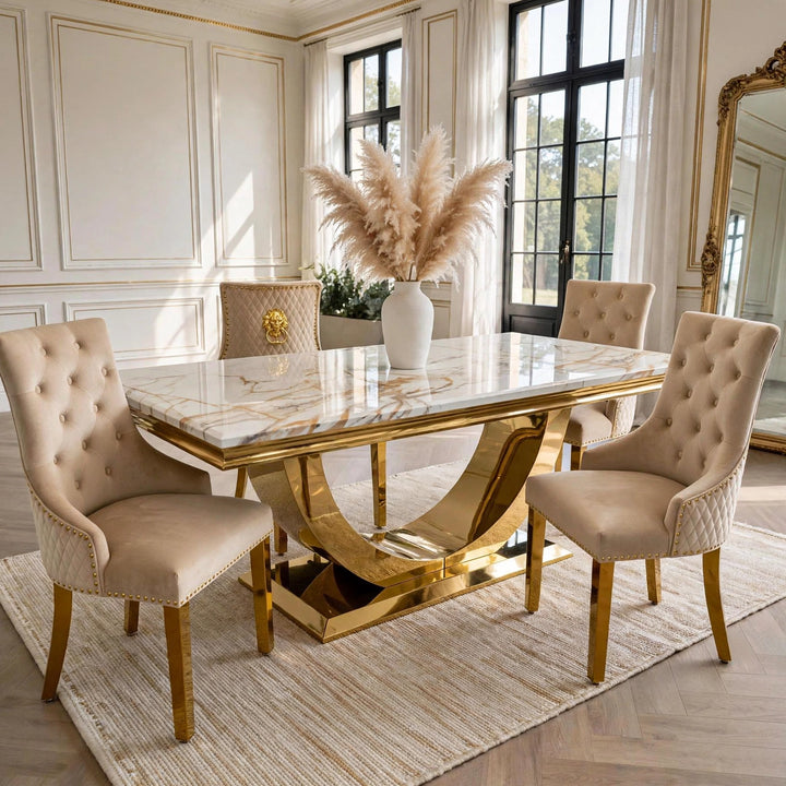 London White & Gold Marble Dining Table with Mink & Gold Lion Knocker Velvet Chairs – 4, 6 & 8 Seater