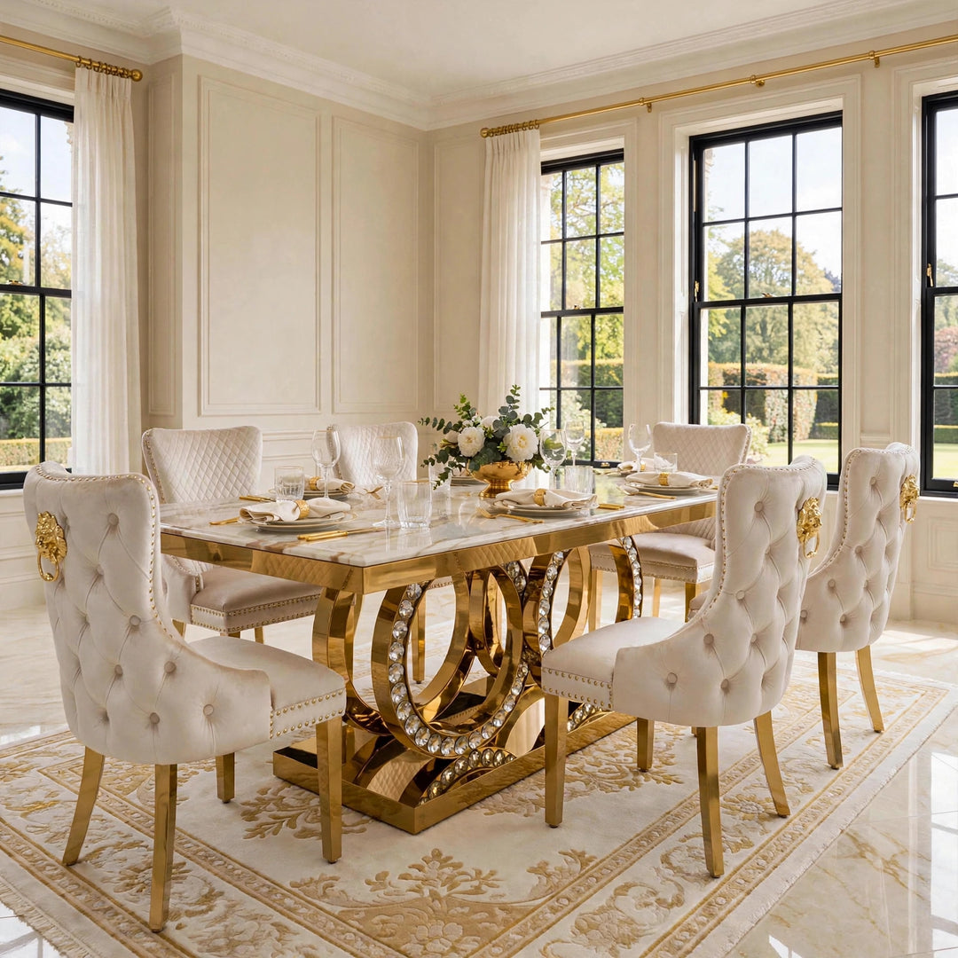 180cm Crystal White & Gold Marble Dining Table with Victoria Cream Velvet Gold Chairs