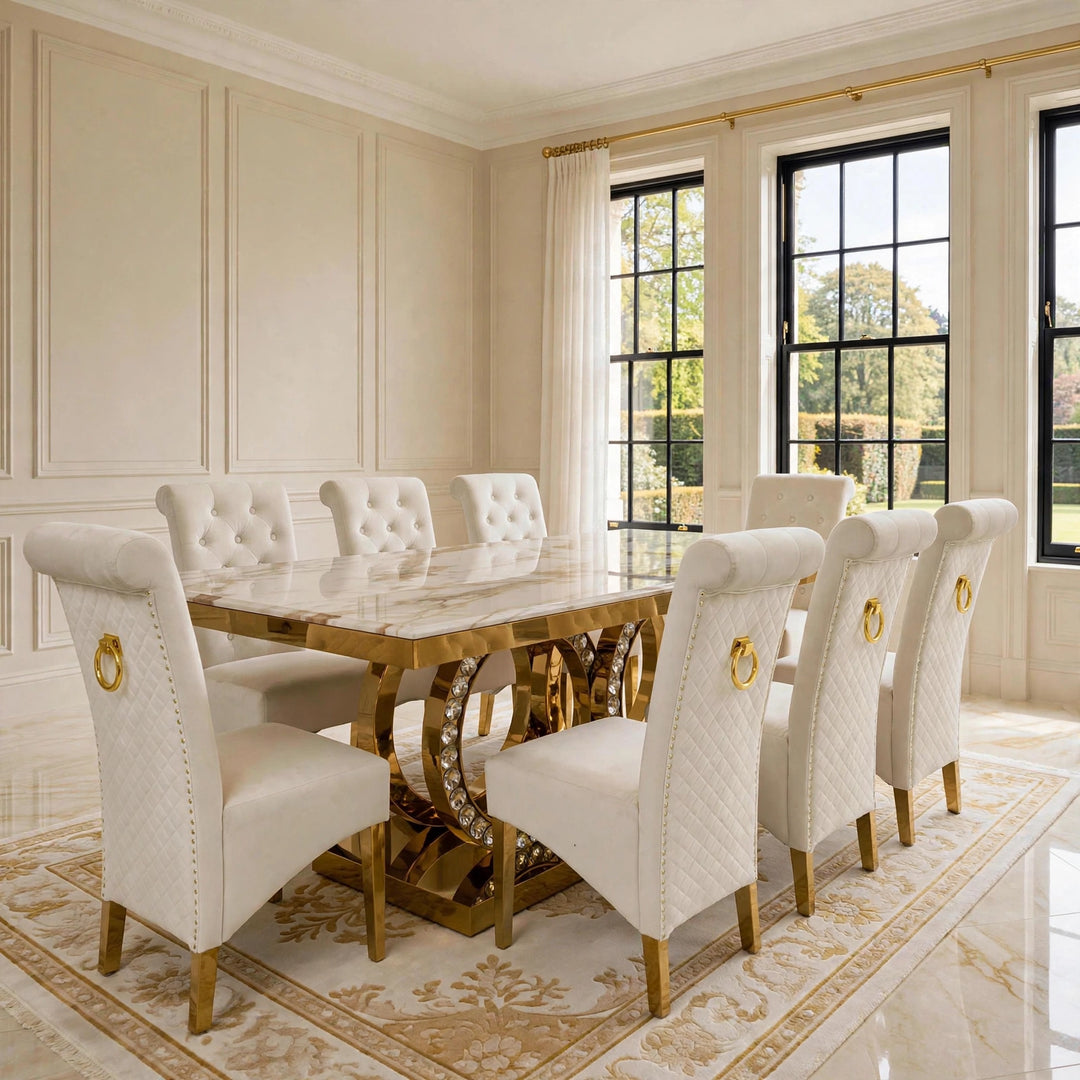 160cm Crystal Black & Gold Dining Table with Sofia Black & Gold Velvet Chairs