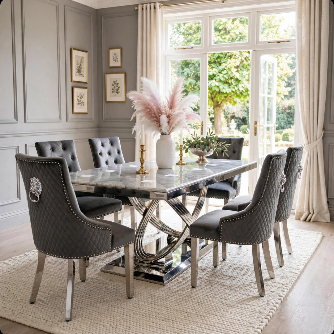 Rose Light Grey Marble Dining Table & Dark Grey Velvet Lion Knocker Chairs