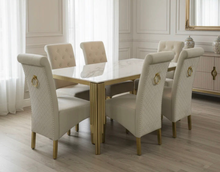 Mayfair 1.8M Kate Gold Dining Table + Sofia Cream and Gold Dining Chairs Ring knocker