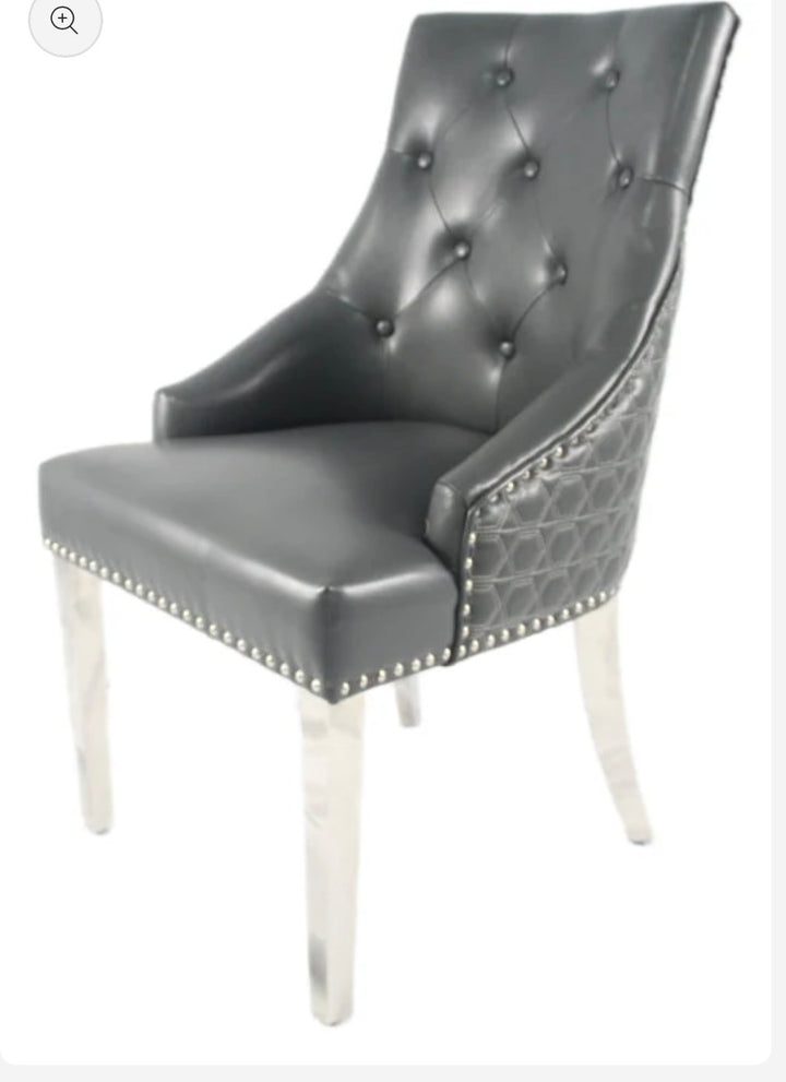 Pair Of 2 Roma Dark Grey PU Leather Chairs Lion Knocker