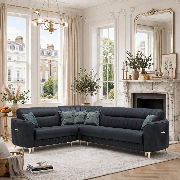 Kay Black Corner Turkish Sofa Bed With Gold – Modern L-Shape Sleeper Sofa with Storage