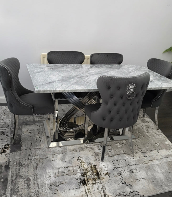Rose 160cm Grey Marble Dining Table With Valentino Dark Grey Dining Chairs Lion Knocker