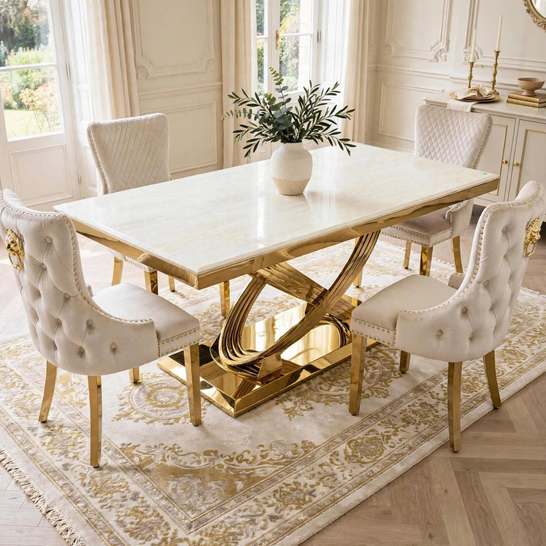 Rose Gold Cream Marble Dining Table With Victoria Cream And Gold Dining Chairs