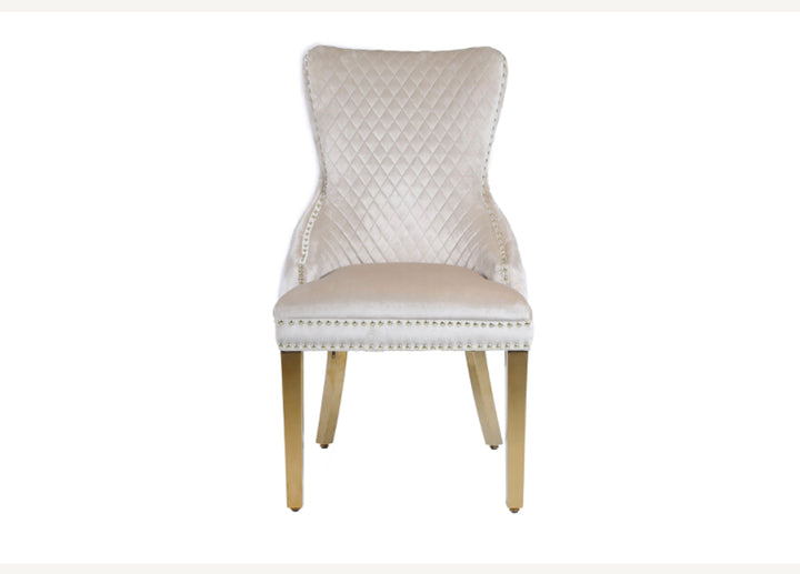 Louis Cream Gold Marble Dining Table + Victoria Black And Gold Dining Chairs Lion Knocker