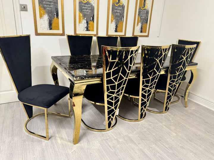 Louis Black And Gold Dining Table + Rose Black And Gold Dining Chairs