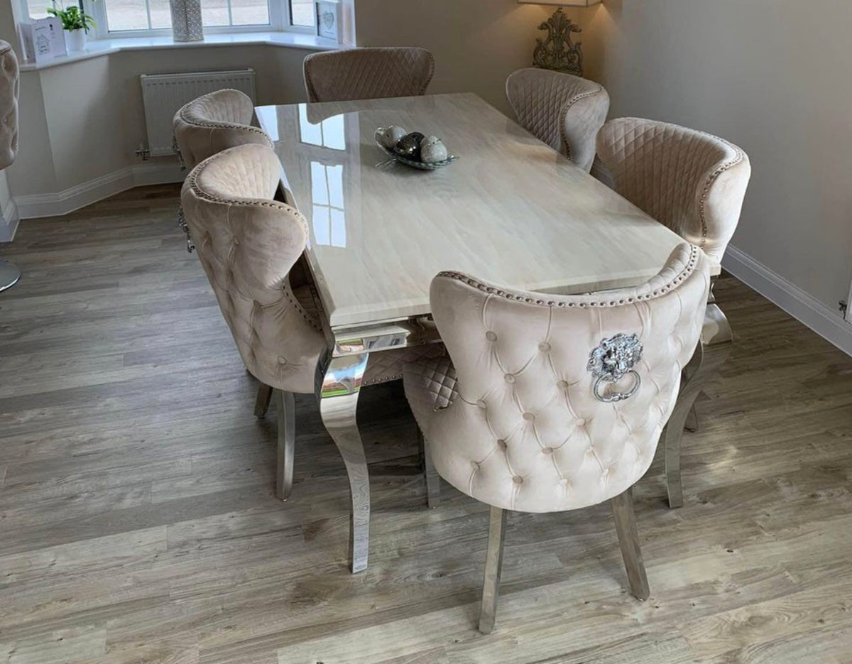 Louise Marble Dining Table With Valentino Lion Knocker Dining Chairs