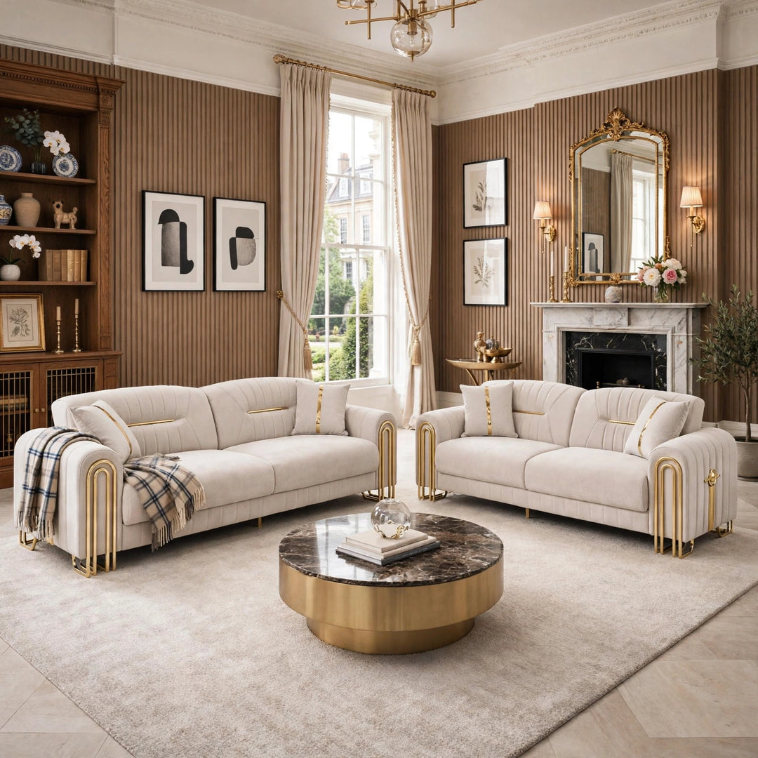 Mona Turkish Cream Sofa Set with Gold Trim – 3 Seater, 2 Seater | Luxury Living Room Furniture UK