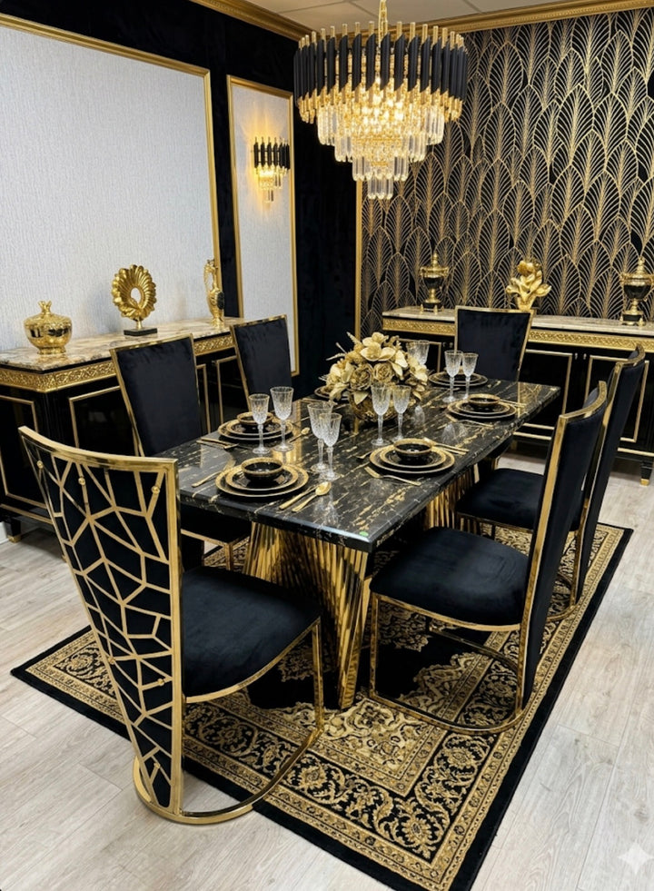 Rocco Marble Black & Gold Dining Table Set with Vienna Black & Gold Chairs – Luxury Marble Dining Set (160cm & 180cm)