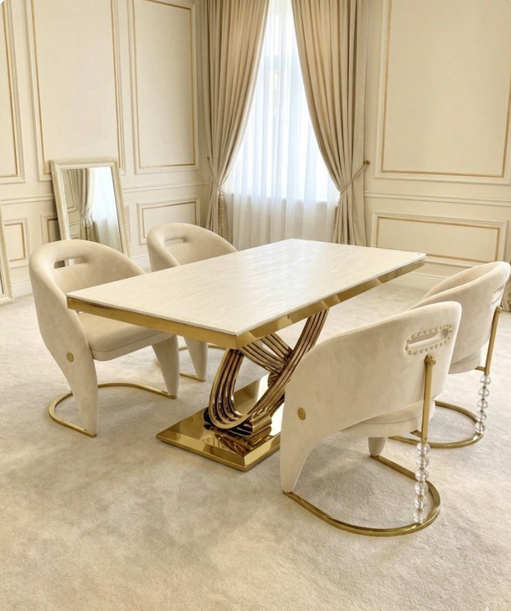 Rose Cream Gold Marble Dining Table Set with California Cream & Gold Dining Chairs | Luxury UK Dining Furniture