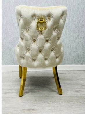 Louise White & Gold Marble Dining Table with Cream Velvet Ring & Lion Knocker Chairs – Luxury Dining Set