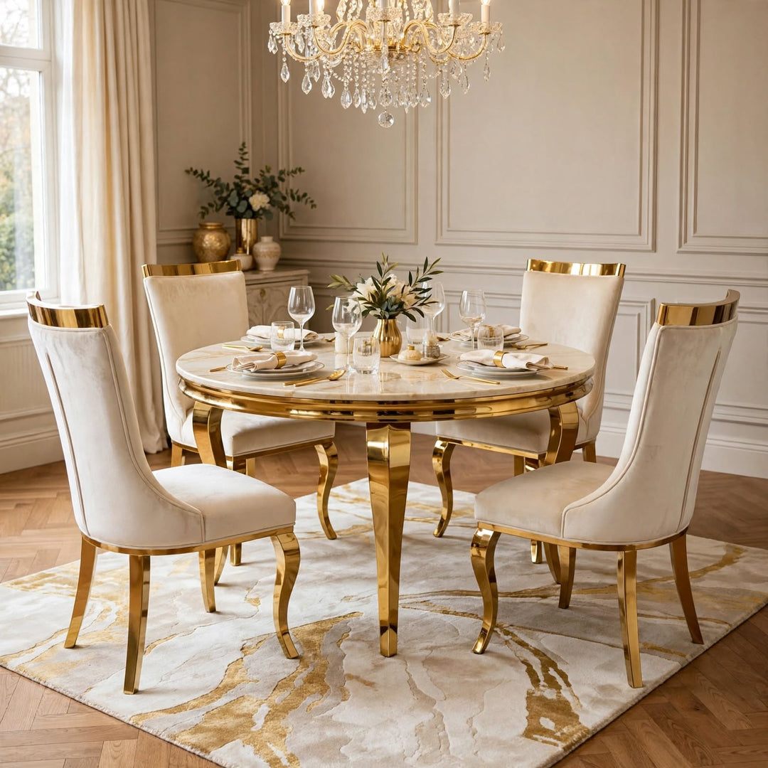 110cm Round Cream And Gold Dining Table Set with 4 Roxby Cream And Gold Velvet Chairs